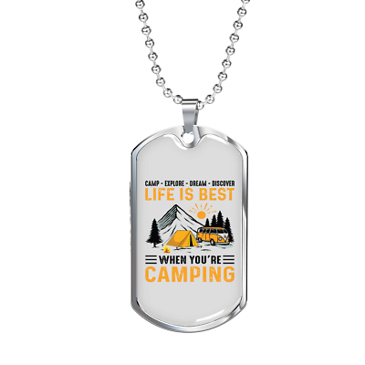 #ad Camper Necklace Life Is Best Necklace Stainless Steel or 18k Gold Dog Tag 24quot; C $64.95
