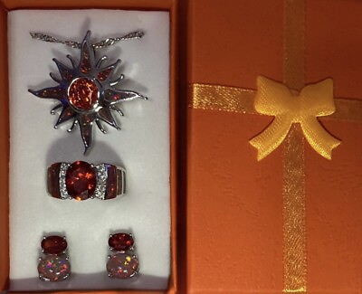 #ad Orange Fire Opal Red Orange Garnet Starburst Necklace Earrings Ring Sz 8 Set $21.50