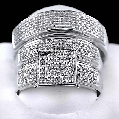 #ad Diamond 1 3 Ct Sterling Engagement Wedding Band Bride Groom Bridal 3 Ring Set $518.63