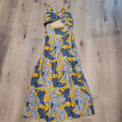 #ad Audrey 31 Womens Yellow Blue Sleeveless Cut Out Maxi Dress Size M Floral Leaves $24.99