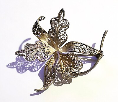 #ad Lilly Flower Brooch 800 Silver Filigree Vintage Handmade Beautiful Flowers $33.59