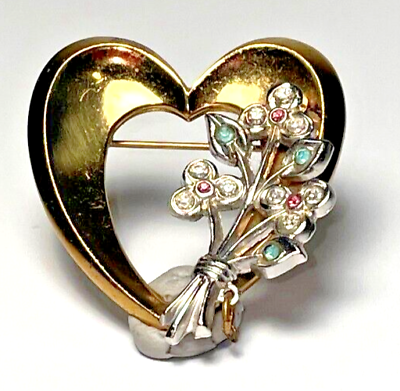 #ad Coro Heart Brooch w Pastel Rhinestone Flower Bouquet Gold amp; Silver Tone VTG $19.99