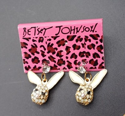 #ad New Betsey Johnson Rhinestone Enamel White Rabbit Bunny Dangle Earrings With Tag $12.99