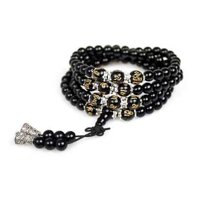 #ad 6mm 108 Mala Beads Bracelet Meditation Necklace Obsidian Om Mani Padme Hum $29.03