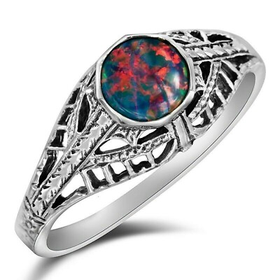 #ad Natural 1CT Red Fire Opal 925 Solid Sterling Silver Filigree Ring Sz 8 FR5 $37.99