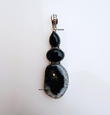 #ad Natural Black Agate With Black Onyx Silver Plated Handmade Pendant $19.99
