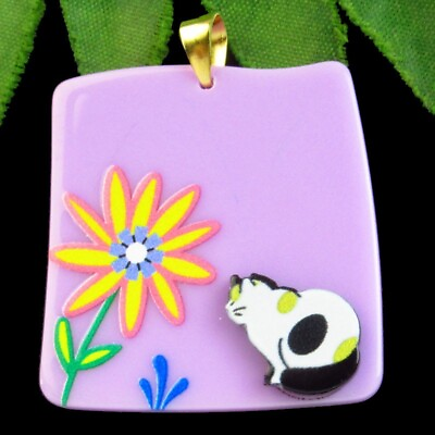 #ad 8Pcs Acrylic Cat Yellow Flower Purple Freeform Pendant Bead 38x38x5mm FSH17597 $14.93