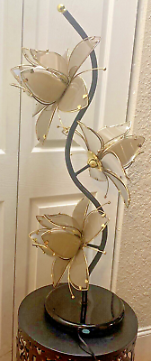#ad Vintage Triple Lotus Flower Table Lamp Tan Glass Petals Black amp; Brass Stem Base $349.97