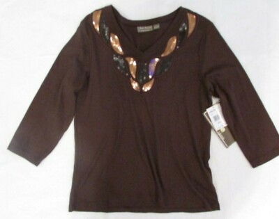 #ad Jane Ashley Woman#x27;s L Brown Embellished Pullover Top NWT $14.99