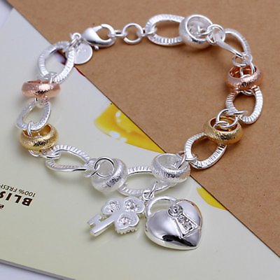 #ad Hot 925Sterling Solid Silver Jewelry Crystal Gold Heart Bracelet For Women H233 $7.87