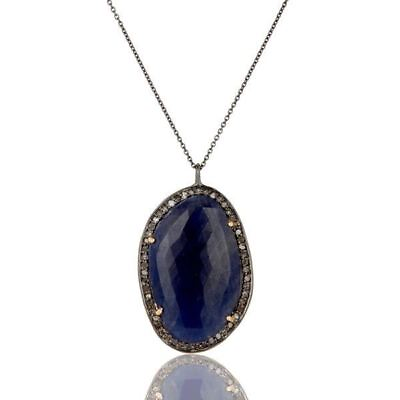 #ad Pave Diamond Blue Sapphire 925 Sterling Silver Pendant Necklace Jewelry $219.60