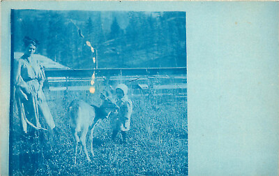 #ad Cyanotype RPPC Postcard Mother Little Girl and Deer Fawn $10.16