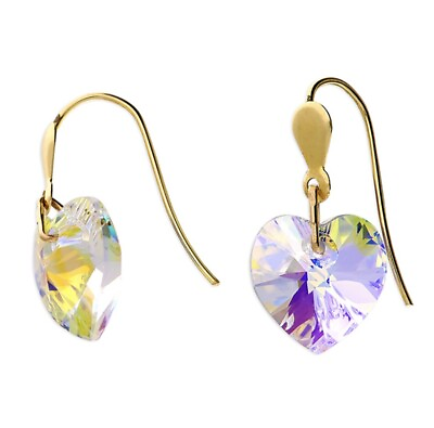 #ad 9ct Gold Austrian Crystal Domed Heart Dangle Drop Earrings GBP 33.90