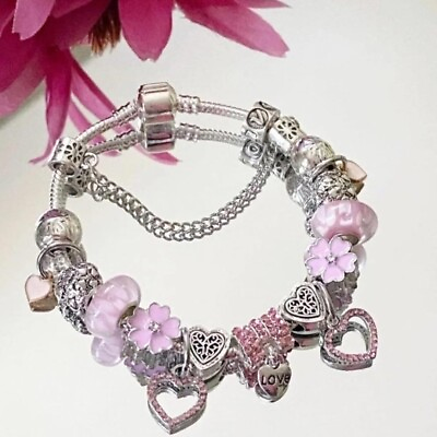 #ad SILVER SNAKE CHAIN BRACELET WITH PINK LOVE HEART BUTTERFLY CHARMS $16.00
