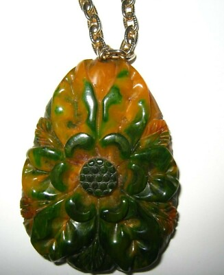 #ad Gorgeous Vintage Deep Carved Bakelite Pendant Marbled Green amp; Yellow Flowers $100.00