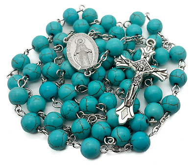 #ad Turquoise Marble Beads Silver Rosary Catholic Necklace Miraculous Medal Cross $13.65