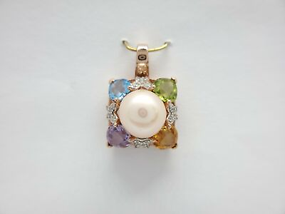 #ad 10k Rose Gold Round White Pearl Multi Color Gemstone Pendant $329.00