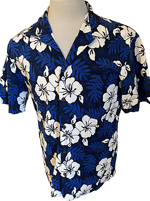 #ad Hula Girl Hawaiian Shirt Men#x27;s Sz Large Made in Hawaii Blue Hibacus $24.99