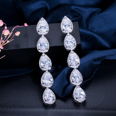 #ad Silver Plated Cubic Zirconia Dangle Earrings Long Drop Women Party Jewelry Gift $6.98