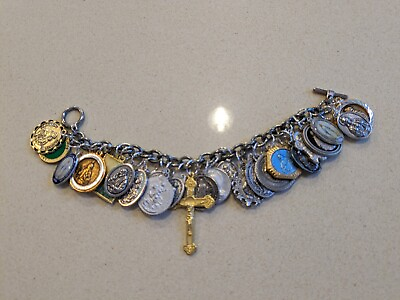 #ad 26 Vintage Catholic Religious Saint Medals Charm Bracelet With Toggle Closure $32.00