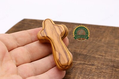 #ad 2 Small Holding Wood Pocket Cross Olive Comfort Genuine Gift Holy Land Hand Made $15.35