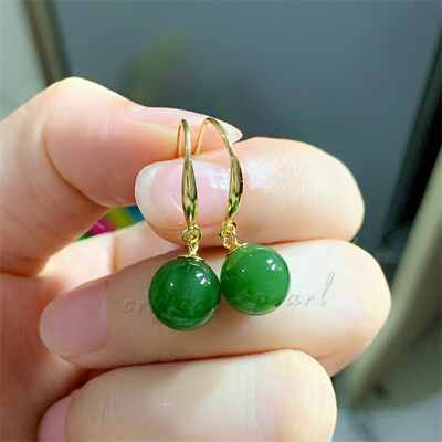 #ad Gorgeous AAA 10mm real natural green round jade dangle earrings 14k Gold Marked $150.00
