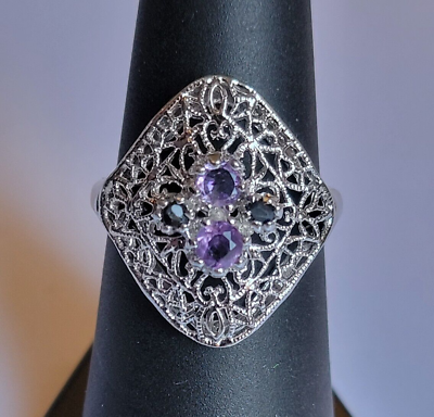 #ad Vintage Sterling Silver Filigree Ring With Amethyst And Blue Topaz Stones Size 7 $65.00