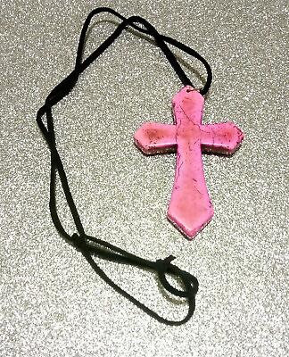 #ad Handcrafted Suede Necklace with Large Pink Faux Turquoise Cross $25.00