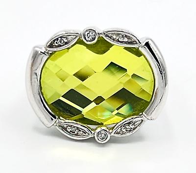 #ad Silver Tone Neon Green Chunky Faceted Crystal Ring Size 7 $14.00