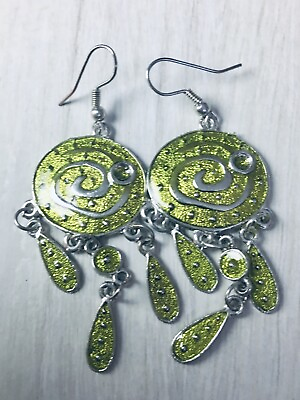 #ad Enamel Earrings Dangle Drop Green amp; Silver Tone Swirl Design Chandelier Unique $6.99