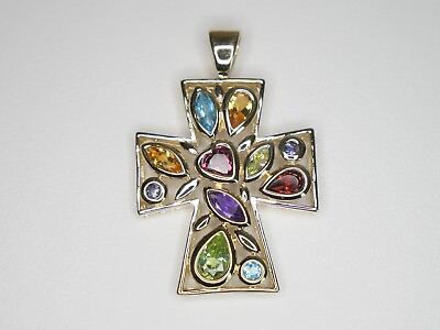 #ad 10K Yellow Gold Cross Pendant with 11 Colored Gemstones $250.00