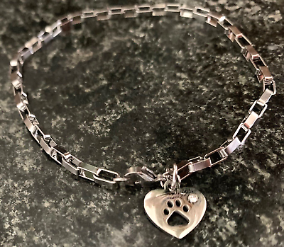 #ad Stainless Steel Dog Paw Heart With Crystal Rhinestone Box Chain Bracelet 8quot; $8.47