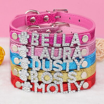 #ad Personalized Dog Collar Leather Rhinestone Bling Charms Custom Pet Dogs Cat Name $9.98