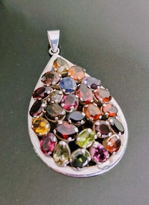 #ad Natural Stones Sterling Silver Multi Color Genuine Stone Oval shape pendant $110.00
