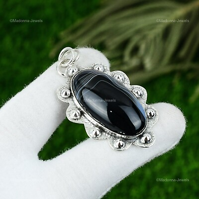 #ad Natural Sardonyx Gemstone Pendant Black 925 Sterling Silver Indian Jewelry $13.20