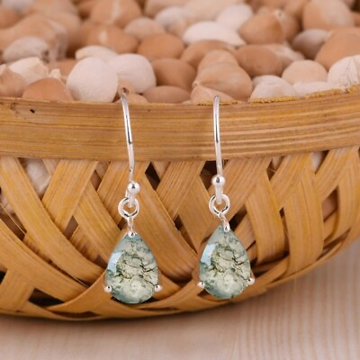 #ad Unique Pear Shaped Natural Moss Agate Earrings in 925 Sterling Silver WomenGift $39.99