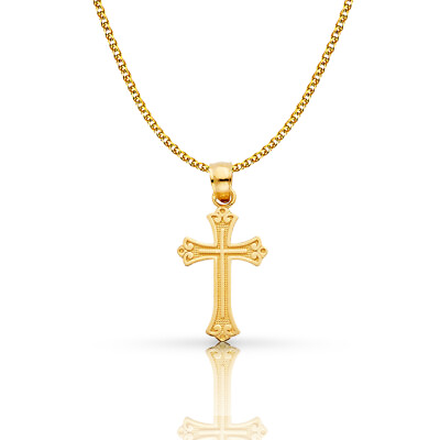 #ad 14K Yellow Gold Cross Pendant with 1.5mm Flat Open Wheat Chain Necklace $299.00