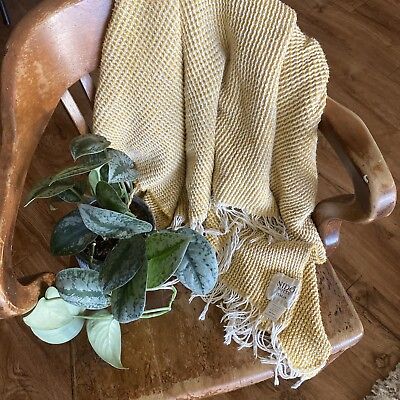 #ad NIDO NOTTE Italia Throw Blanket Yellow Made In Italy Fringed Cotton Blend Decor $29.99