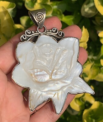 #ad Massive Sterling Silver .925 Carved Mother of Pearl Flower Floral 3” Pendant $169.99