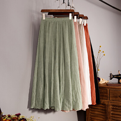 #ad Women Lady Cotton Linen Pleated Maxi Long Beach Boho Skirt Vintage Casual Dress $12.98