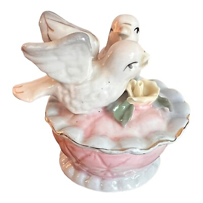 #ad Porcelain Keepsake Round Jewelry Trinket Box 2 Birds Yellow Rose With Lid 3.5quot; $9.99