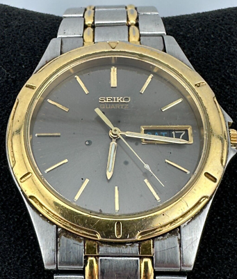 #ad Seiko Two Tone Quartz Charcoal Dial Day Date Stainless Steel Watch 7N43 6A49 $39.00