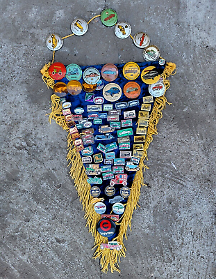 #ad Old vintage pennant with many badges Theme badges of old cars USSR rarity $100.00