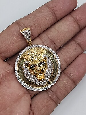 #ad 2.33 CT Lab Created Lion Face Animal Medallion Pendant 14K Yellow Gold Plated $224.19