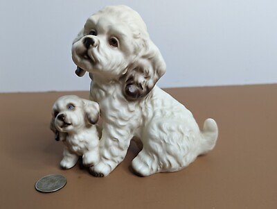 #ad Maltese Mom amp; Puppy Figurine Ceramic Dogs Fur Babies Vintage Japan White Black $21.99