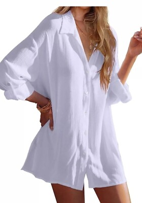 #ad WHITE Button up Crinkled Beach Pool Cover Up Boho Oversized One Size NWT $16.99