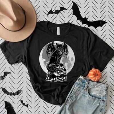 #ad Halloween Black Cat Full Moon Skulls Scary Creepy Cat Unisex T Shirt $14.95