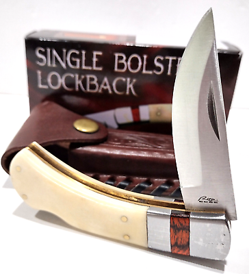 #ad Buck White Bone Hunting Skinning Lockback Folding Pocket Knife Leather Sheath $24.95
