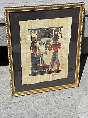 #ad Vintage Signed Egyptian Art Painting KING TUT amp; CLEOPATRA Papyrus Paper Framed $199.00