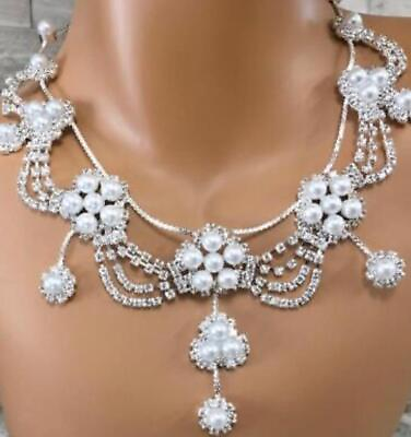 #ad Chandelier Necklace Wedding Bridal prom Jewelry set Crystal Rhinestone Fux Pearl $95.72
